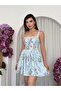 Women's Blue Mini Dress with Floral Pattern, Straps, Lace Detail, Flared Cut - 5