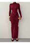 Women's Burgundy Long Sleeve Turtleneck Backless Gathered Long Dress - 2