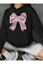 Women's Bow Printed Black Gray Hooded Kangaroo Pocket Unisex Oversize Sweatshirt