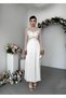 Women's Ecru Midi Dress with Lace Transparent Detail Satin Long Sleeve Evening Dress - 6