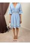 Women's Blue Dress Mini V-Neck Lace Detailed Flounced A-Line 3/4 Sleeves - 4