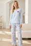 Blue Patterned Embroidered Cotton Lycra Knitted Pajama Set26240299 - 2