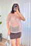 Women's Pink Sequined Mesh Textured Crew Neck Short Sleeve Blouse