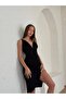 Women's Black Midi V-Neck Draped Slit Sleeveless Satin Look Event Dress - 2