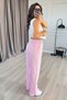 Women's Pink Linen Lace-Up Elastic Waist Wide Leg Long Trousers with Side Pockets - 4