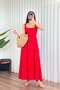 Women's Red Thick Strap Square Neck Button Detailed Gathered Long Dress - 3