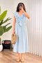 Women's Baby Blue Midi V-Neck Ruffle Detailed Woven Dress with Elastic Waist - 3
