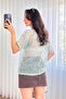 Women's Mint Green Sequined Mesh Textured Crew Neck Short Sleeve Blouse - 5