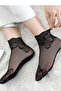 Women's Rose Patterned Transparent Tulle Socks Lace Embroidered Flexible Black Stylish Short Socks - 7