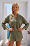 Khaki Hakim Collar 3/4 Sleeve Embroidered Hem Oval Casual Cotton Woven Blouse 72 62 - 4