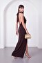 Women's Brown Degaje Collar Slit Long Dress - 6