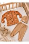 Baby 3-Piece Ribbed Set – Organil Fabric Pompom Patterned Top, Pants with Booties and Beanie Set - 3