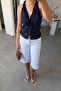 V-Neck Ruffled Blouse - Dark Blue - 2