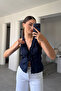 V-Neck Ruffled Blouse - Dark Blue