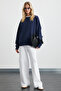 Karius Women's Organic Cotton Oversize Round Neck Navy Blue Sweatshirt with Fleece Inside - 4
