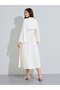 Beige Pleated Detail A-Line Midi Dress with Bolero Set - 6