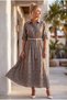 Italian Mink Shirt Collar 3/4 Sleeve Lined Belted Casual Scalloped Long Woven Dress 130 58 - 5