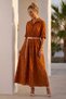 Italian Brick Color Shirt Collar 3/4 Sleeve Lined Belted Casual Scalloped Long Woven Dress 130 58 - 5