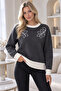 Women's Crew Neck Fuzzy Knit Sweater – Leaf Pattern, Contrast Detail, Oversize - 2