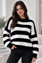 Women's Soft Textured Black and White Striped Knitwear Sweater – Crew Neck Oversized Knitted Sweater - 3