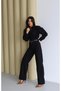 Women's Black Shirt Collar Belted Long Sleeve Straight Leg Cotton Jumpsuit - 6