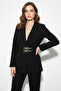 Women's Classic Black Jacket with Double Belt Detail - 2