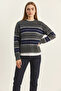Women's Crew Neck Striped Anthracite Navy Blue Sweater - 5
