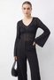 Women's V-Neck Pleated Detailed Spanish Sleeve Transparent Lace Black Blouse - 2