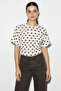 Women's Crew Neck Polka Dot Patterned Waist Fitted Short Sleeve Cream Brown Blouse - 4