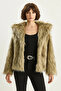 Women's Wide Collar Lined Short Faux Fur Beige Black Jacket