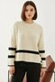 Women's Crew Neck Knitwear Sweater with Buttons on the Sides, Ecru Black - 7