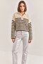 Women's Buttoned Collar Striped Knitwear Beige Black Sweater - 7