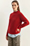 Women's Crew Neck Raglan Sleeve Knitted Patterned Soft Textured Knitwear Red Sweater - 8