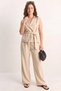 Women's Double-Breasted Collar Belted Classic Vest High-Waist Palazzo Beige Trousers Set - 5