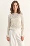 Women's Openwork Crew Neck Flounce Sleeves Lightweight Flowy Knitwear Ecru Sweater