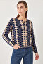Women's Side Diamond Patterned Knitwear Navy Blue Beige Cardigan - 4