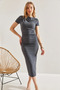 Women's Draped Side Micro Fabric Midi Length Anthracite Dress - 6