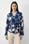 Women's Patterned Double-Breasted Collar Side-Tie Viscose Blue Shirt
