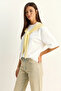 Women's Oversize Basic White Yellow T-Shirt with Shawl Detail - 2