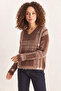 Women's Plaid Patterned Shawl Collar V-Neck Knitwear Dark Cinnamon Cream Sweater - 4