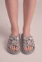 Women's Light Gray Knitted Textured Summer Beach Slippers with Bow and Charm - 4