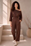 Women's Brown Crop Sweatshirt Boat Neckline Stitching Detail Sweatshirt Elastic Waist Pocket Bottom Modal Fabric Set - 4