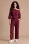 Women's Burgundy Crop Sweatshirt Boat Neckline Stitching Detailed Sweatshirt Elastic Waist Pocketed Bottom Modal Fabric Set - 5