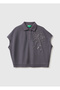 Women's Dark Gray 100% Cotton Embroidered Floral Short Sleeve Polo Neck Top