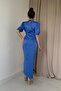 Blue Gathered Satin Dress - 4