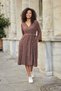 Women's Premium Fabric Wrap Double-Breasted Skirt, Three-Quarter Sleeve, Below the Knee Midi Length Dress - Brown - 3