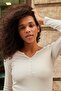 Women's Stretchy Ribbed Camisole Fabric Zero Collar Long Sleeve Body Blouse-Cream - 3