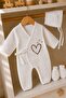 3 Piece 100% Cotton Muslin Ecru Heart Printed Double Breasted Hospital Discharge Set 0-3 Months - 4