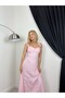 Women's Pink Maxi Dress with Strap Tie, Square Neck, Embroidered A-Line - 4