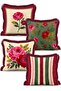 Vintage Peony Flower Patterned Burgundy Green Striped 4-Piece Fringed Throw Pillow Cover Set